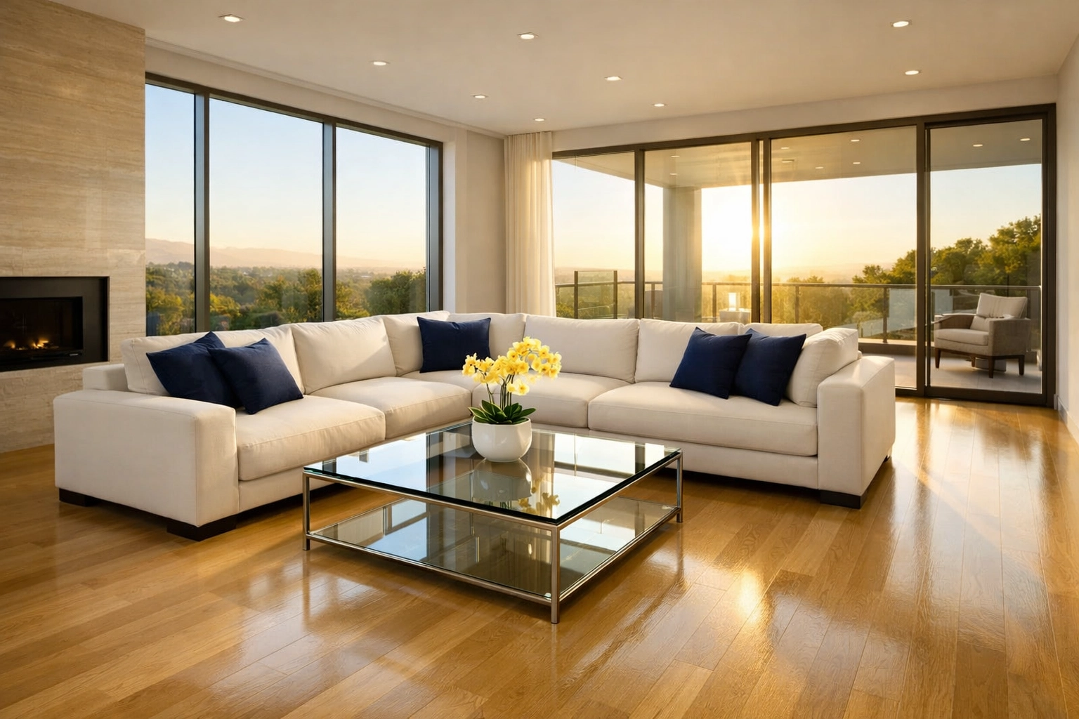 Pristine and sunlit modern living room reflecting the professional results of eco-conscious cleaning.