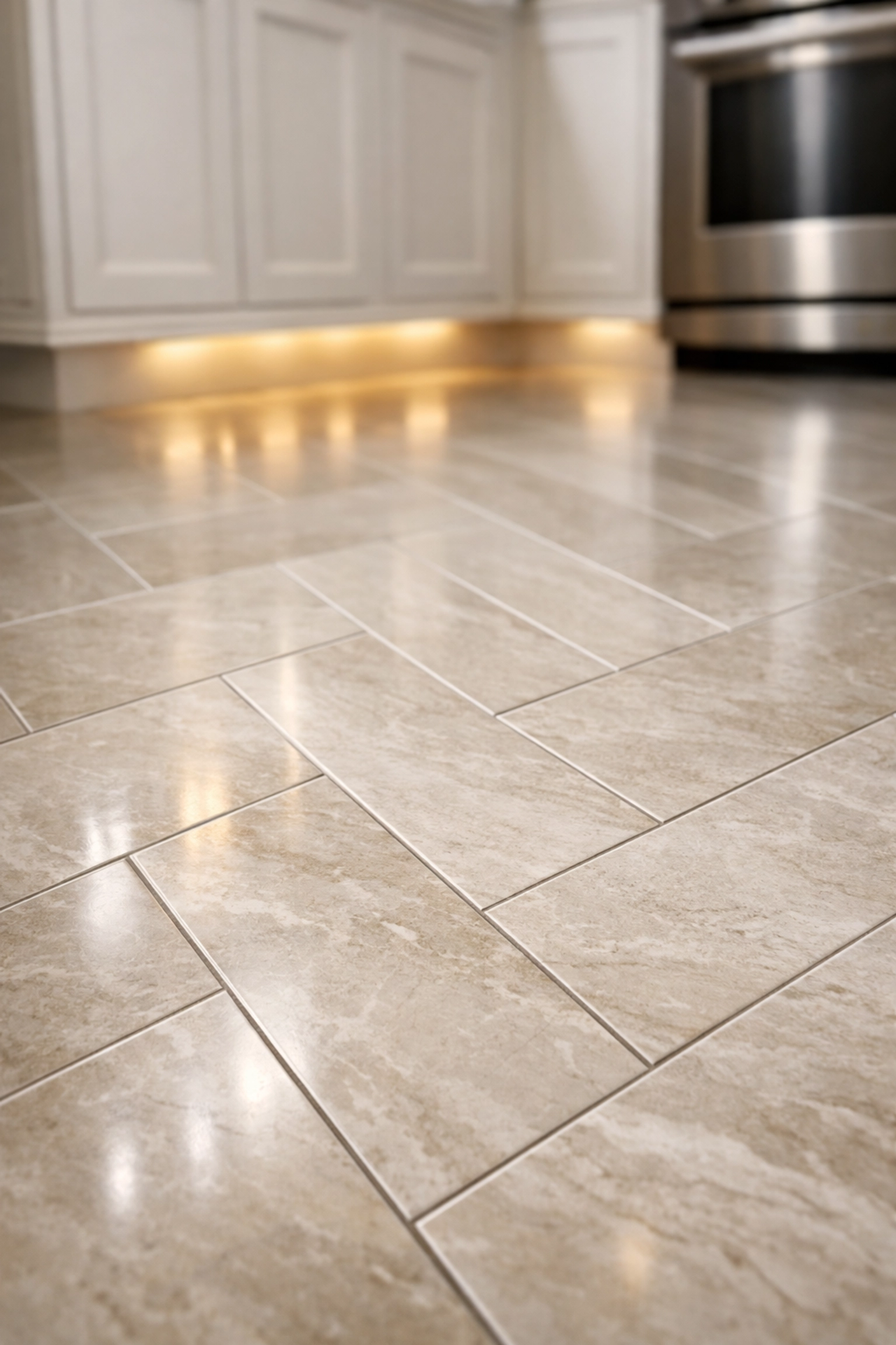 Expert tile installation in Orlando with luxury porcelain tiles in a herringbone pattern.