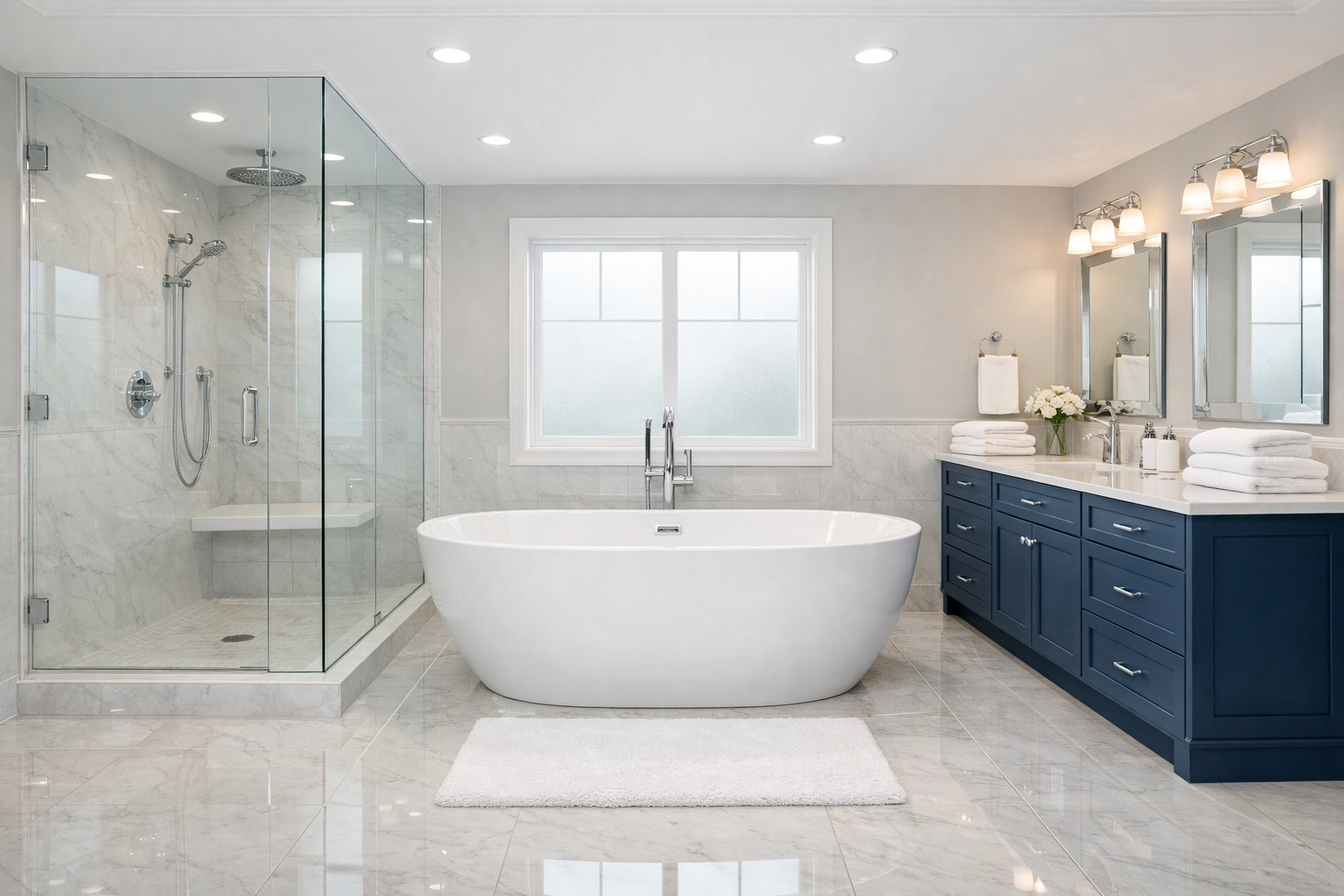 Luxury master bathroom with sparkling glass and clean grout following a professional deep cleaning.