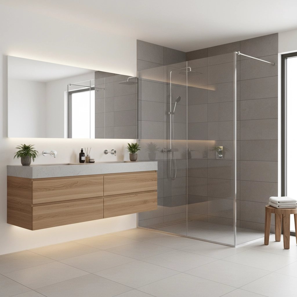 Modern bathroom with a wooden floating vanity, large mirror, and glass shower. Neutral tones, plants, and soft lighting create a calm ambience.