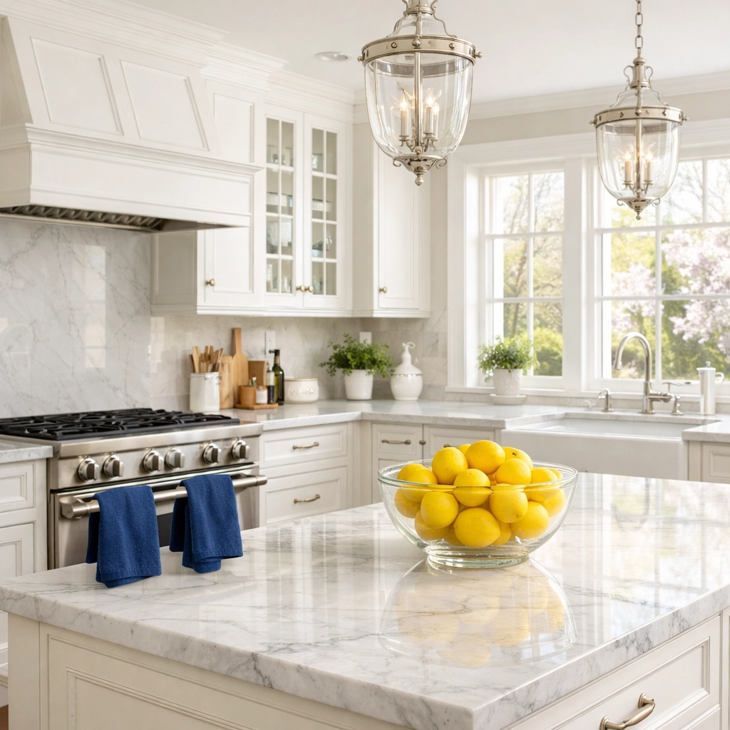 Professional spring cleaning in an Acton MA kitchen with gleaming white cabinets and marble counters.