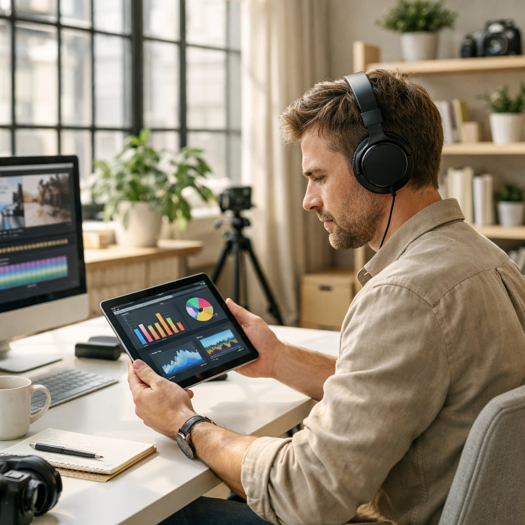 Marketing professional analyzing digital data to build direct audience relationships for local media.