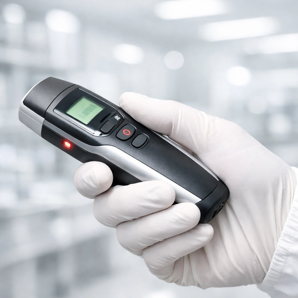 Professional pest control technician using a digital scanner in a sterile commercial facility.