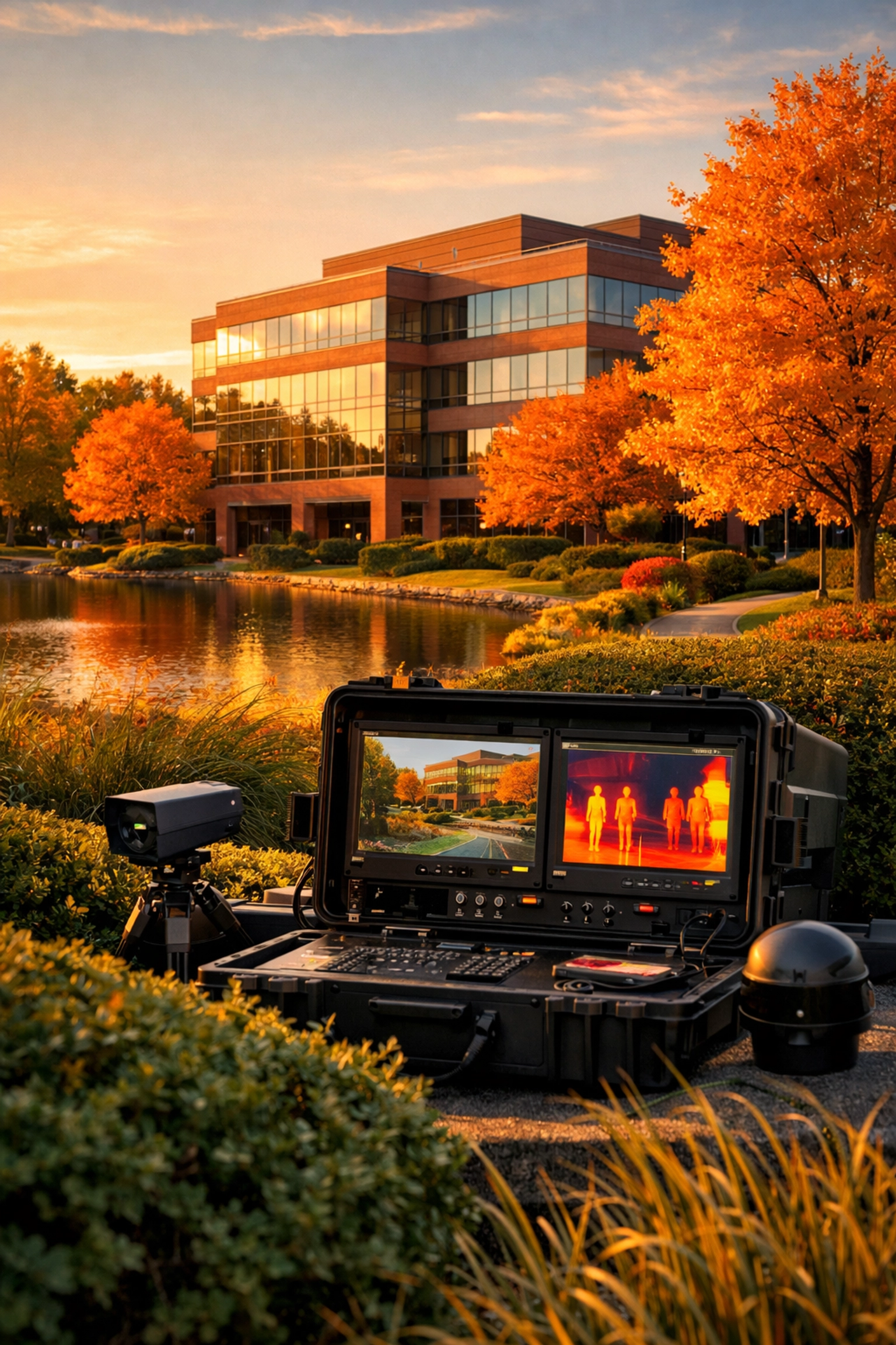 A discreet pest monitoring station outside a Westchester corporate office building in autumn.