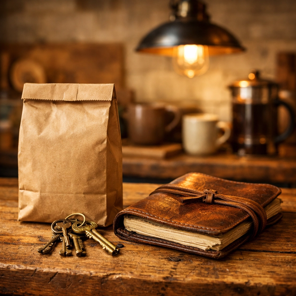 Bag of fresh Peacemaker Coffee next to keys and a journal on a reclaimed wood counter.