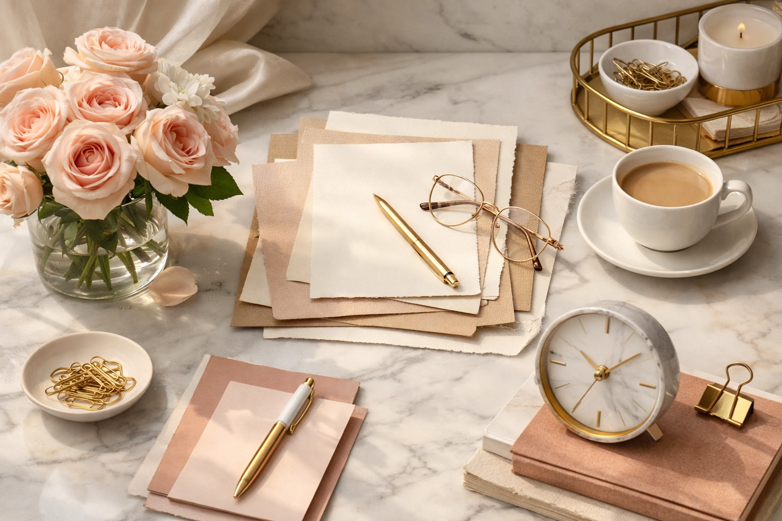 A sophisticated brand mood board featuring elegant textures, professional graphics, and a luxury floral arrangement.