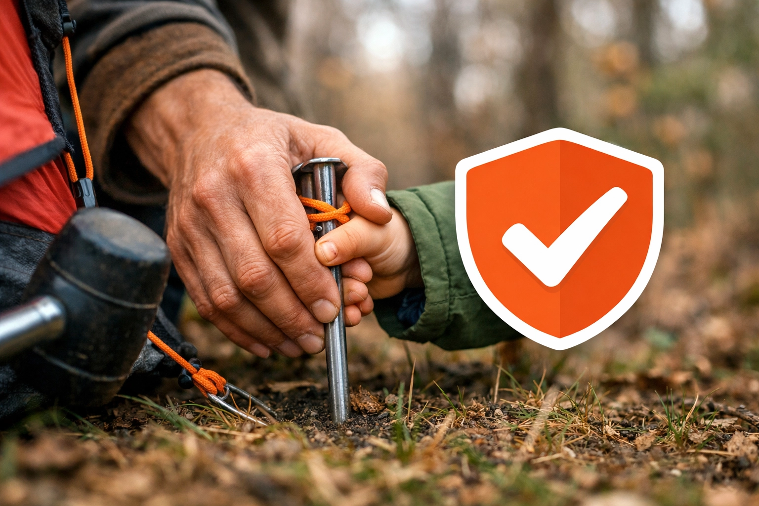 Close-up of a family safely pitching a tent while camping in the New England outdoors.