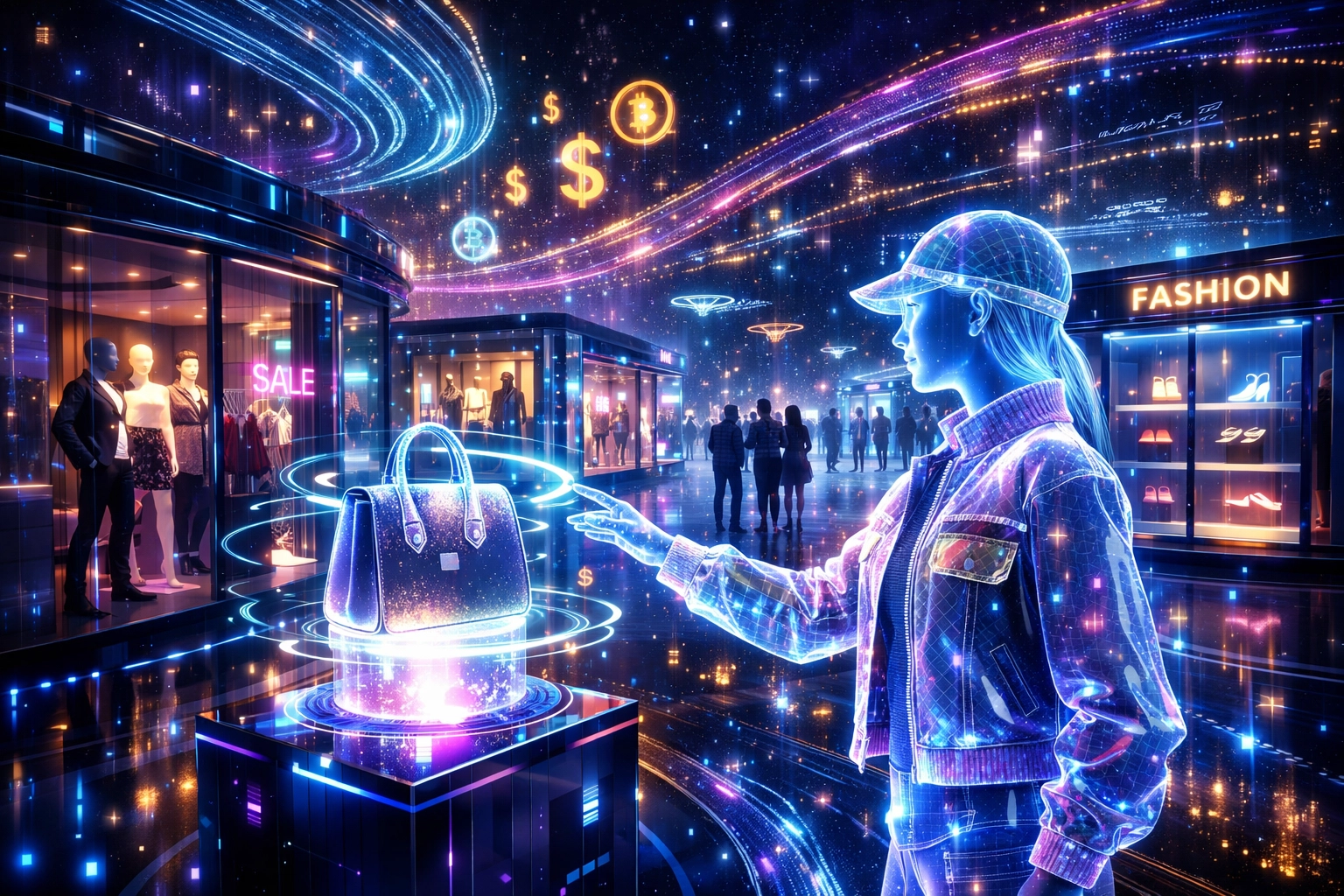 Avatar browsing virtual storefronts in metaverse shopping mall with crypto payment symbols