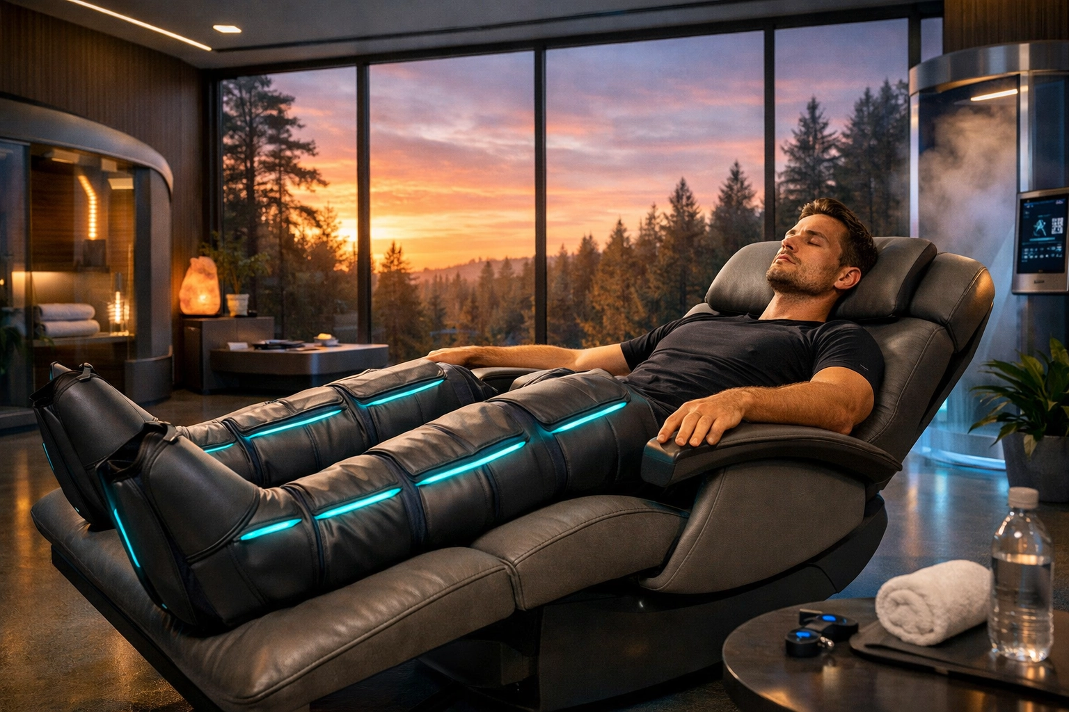 Athletic recovery using pneumatic compression boots for improved blood flow and lymphatic drainage.