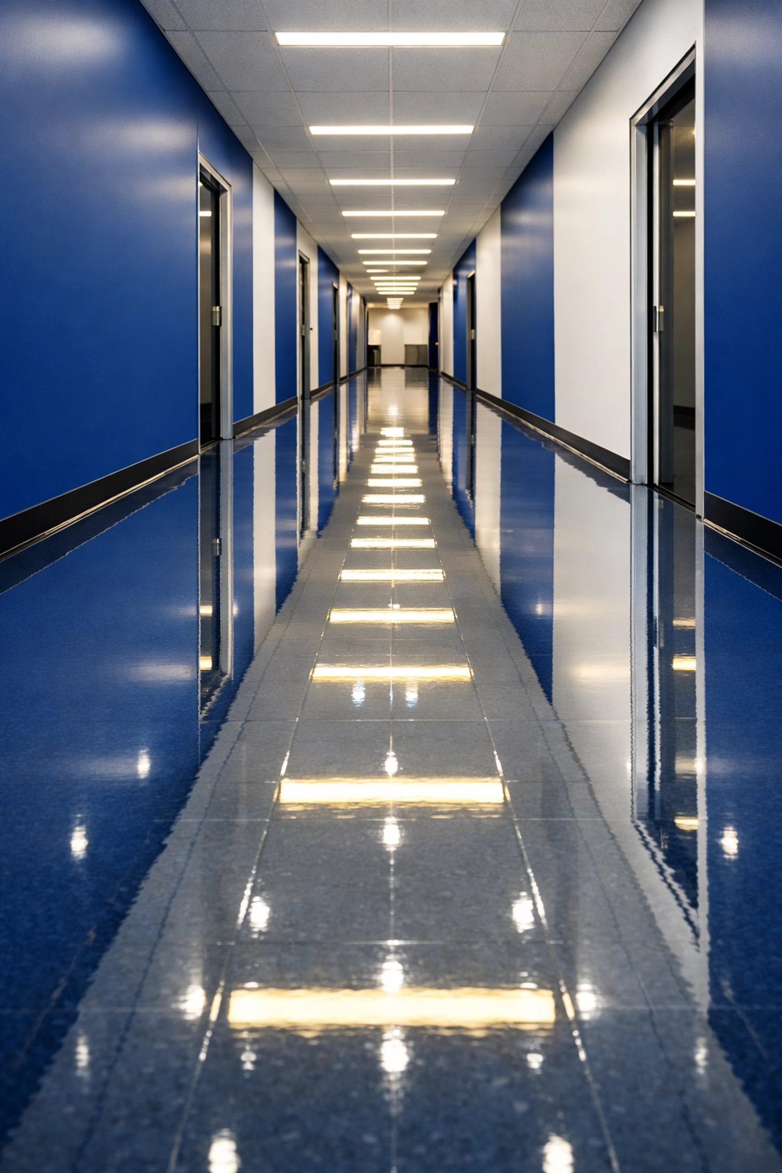 Reflective high-gloss finish on a freshly waxed commercial office floor in Lancaster, MA.
