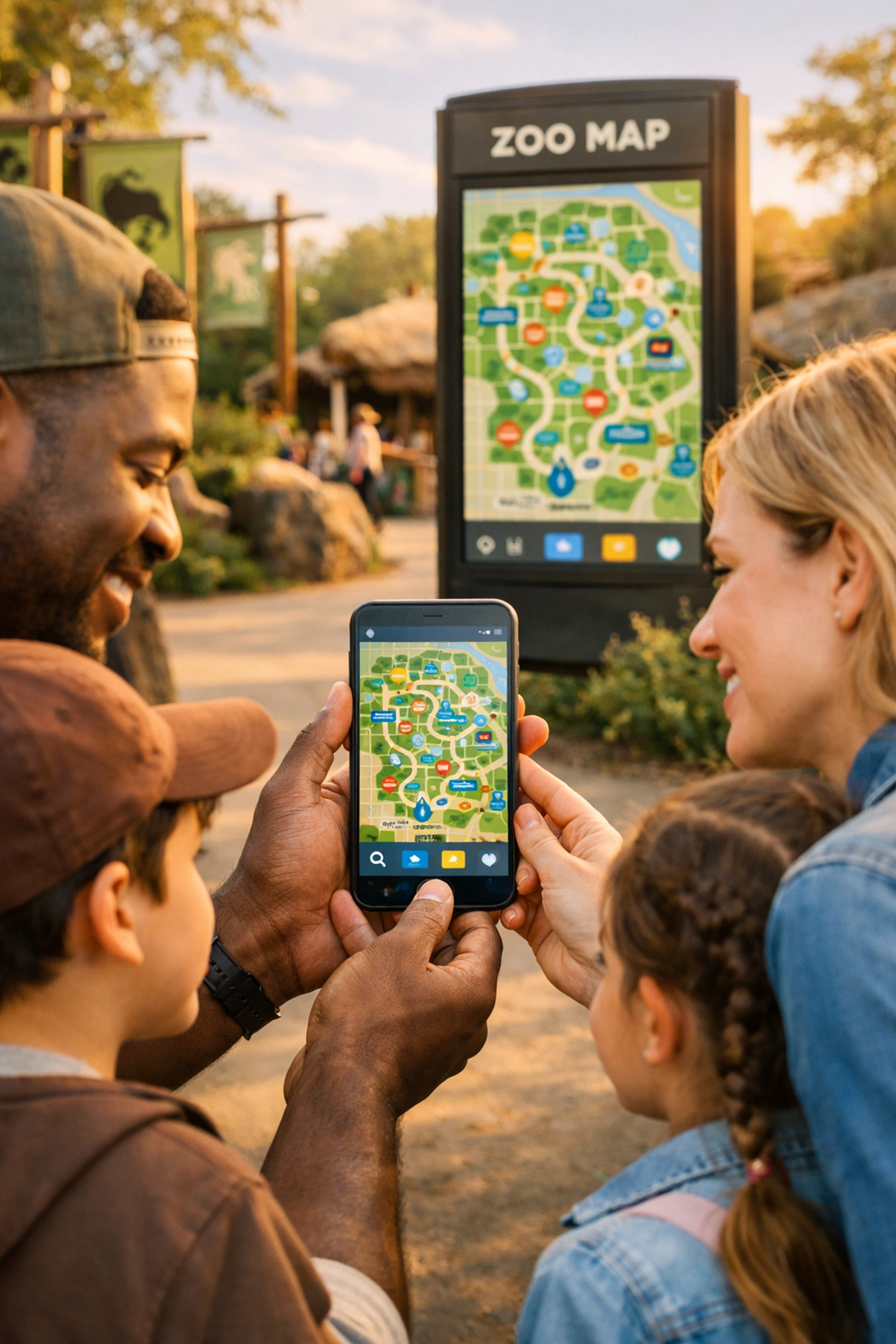 Family using an interactive zoo map and digital wayfinding signage for an enhanced guest journey.