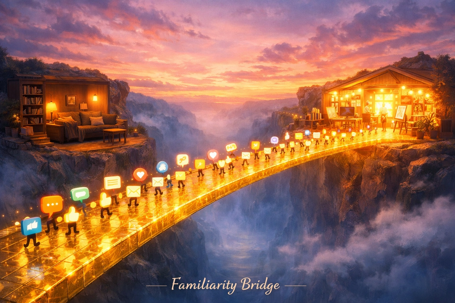 A golden bridge connecting customers to a business, representing human connection in digital marketing.