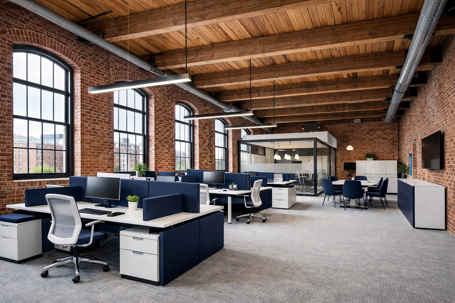 Clean modern office in a historic Fall River mill showcasing professional commercial cleaning standards.