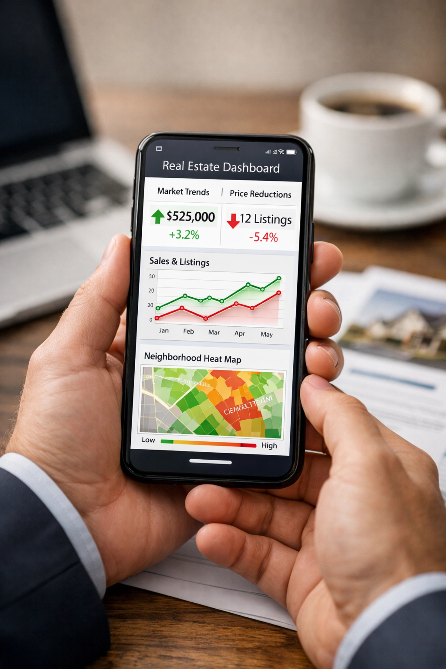 Realtor using smartphone real estate analytics app to track Las Vegas market data