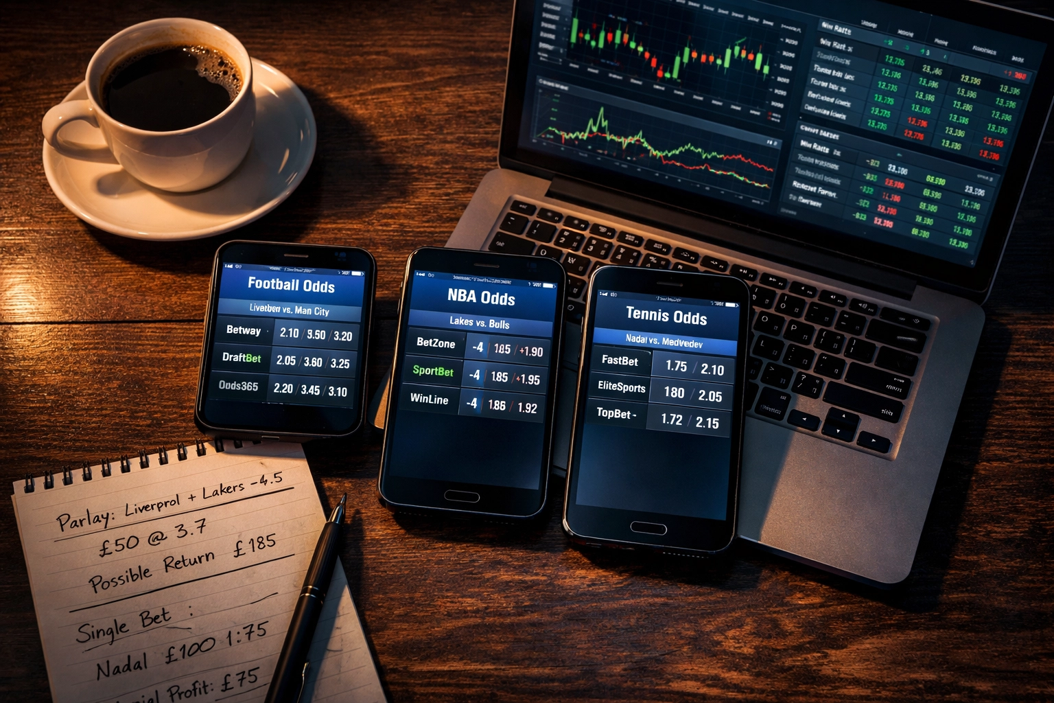 Sports betting odds comparison on multiple devices with statistical analysis and calculations