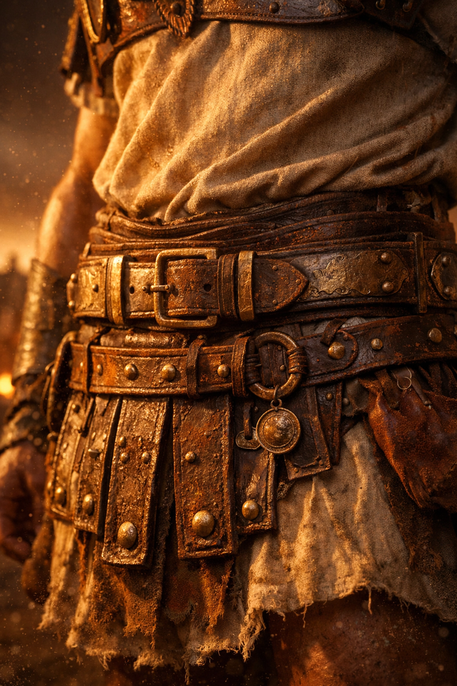 Roman soldier's belt of truth with weathered leather and brass buckles from Armor of God