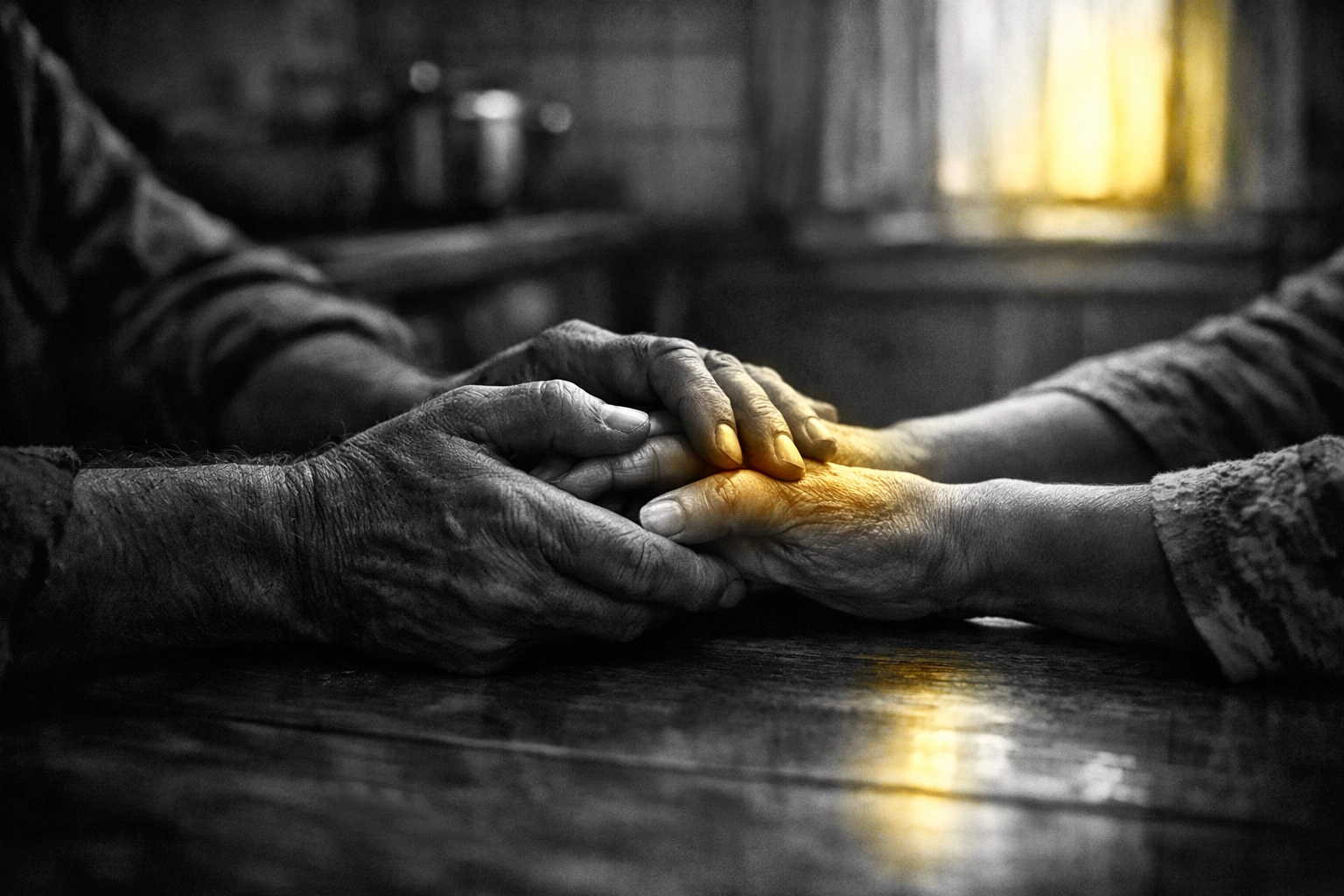 Husband and wife holding hands across table showing biblical marriage leadership and connection