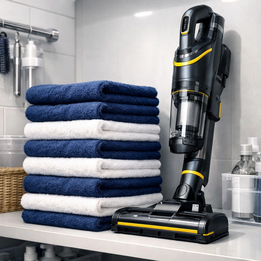 Organized professional equipment used for recurring House Cleaning Townsend MA services.