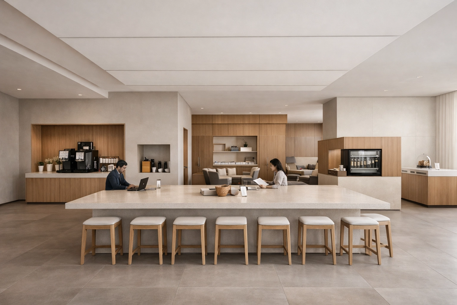 Contemporary hotel lobby design with integrated kiosks and open-concept social spaces.