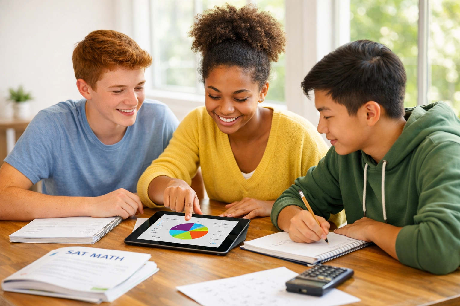 Students collaborating on SAT math problems using tablet and study materials