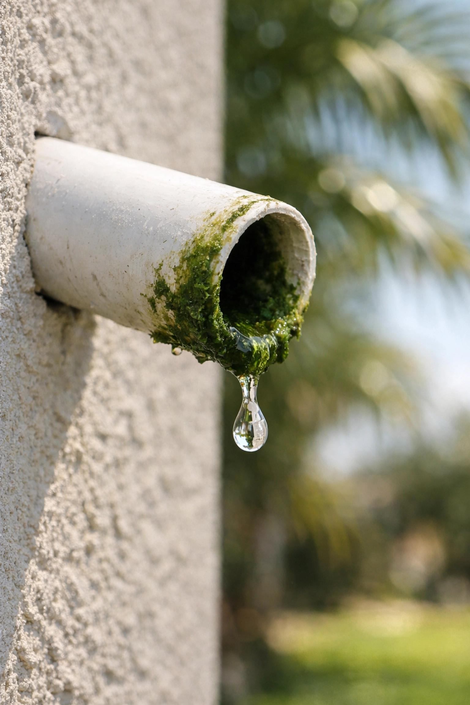 Clogged AC condensate drain line with algae growth, a common reason for ac repair near me.