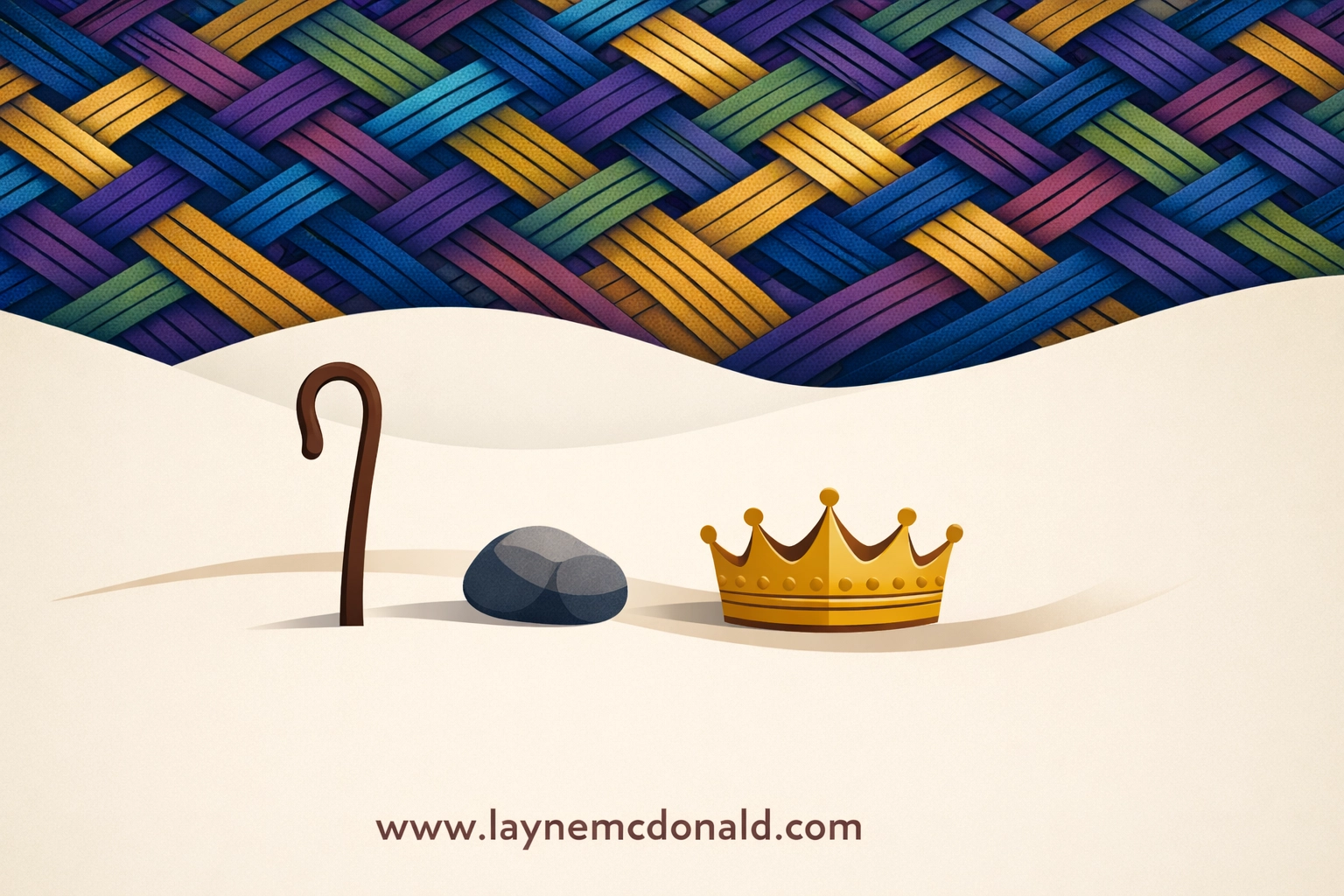 Tapestry showing David's journey from shepherd to king with staff, stone, and crown symbols