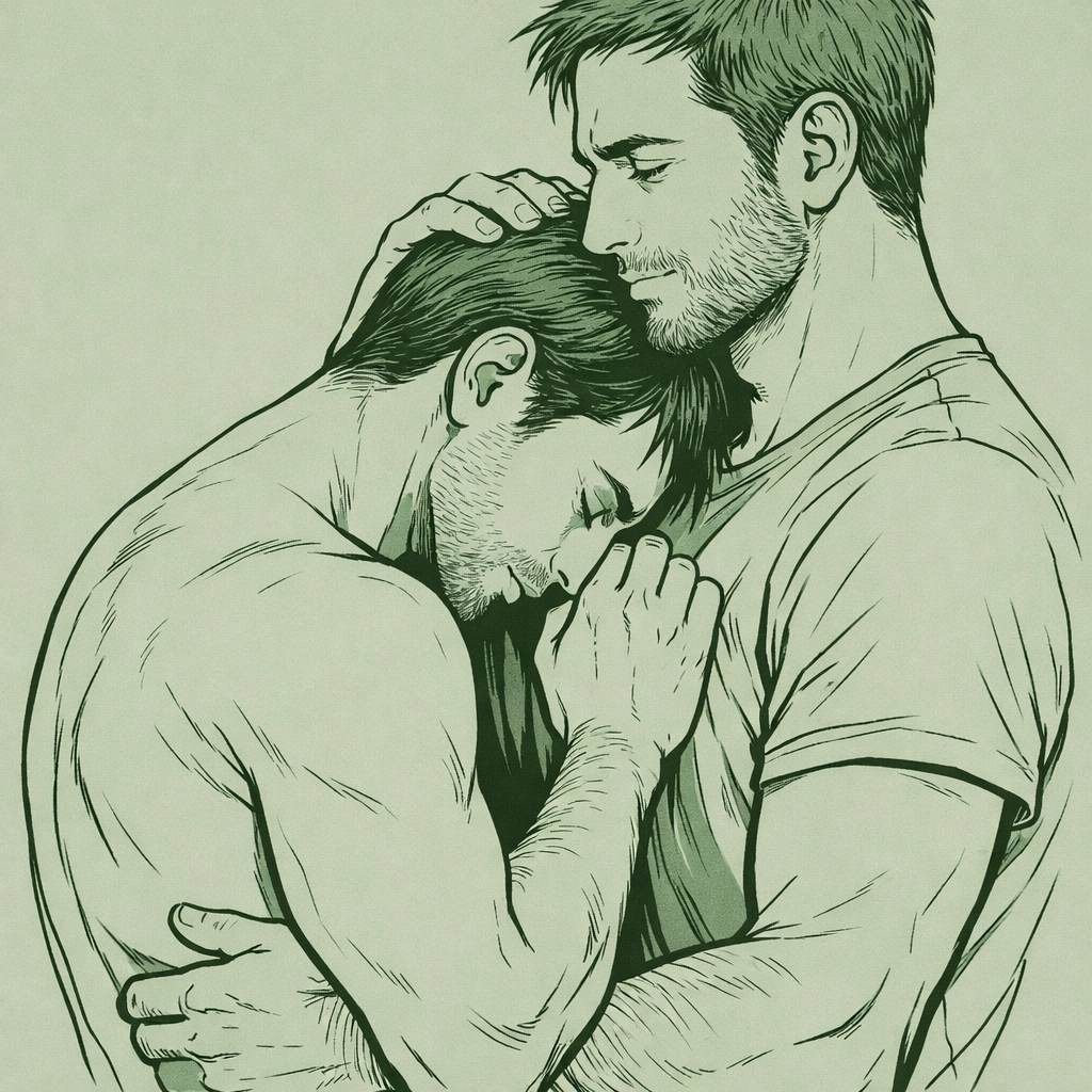 Hand-drawn MM illustration of a vulnerable, emotional embrace between two men, highlighting gay literature themes.