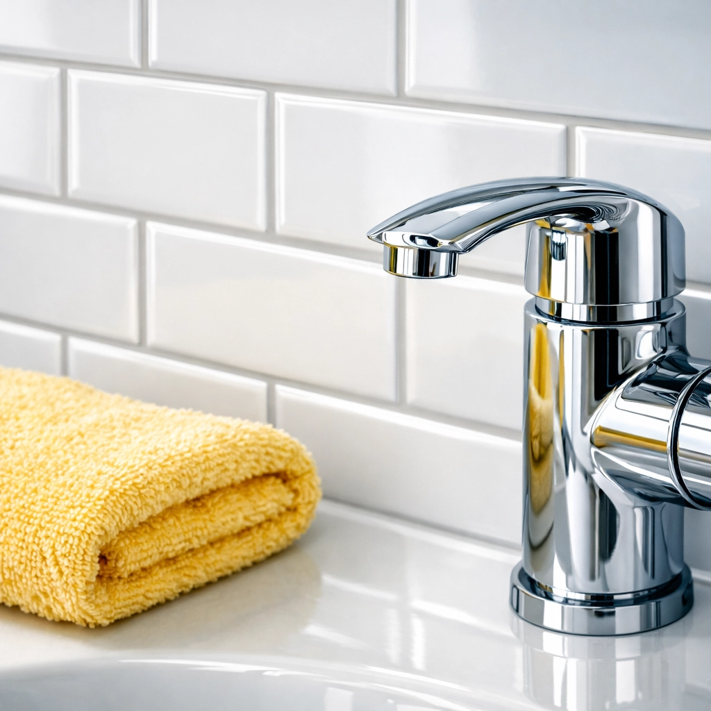 Detailed view of clean subway tile and chrome fixtures after professional post construction cleaning in Foxborough.