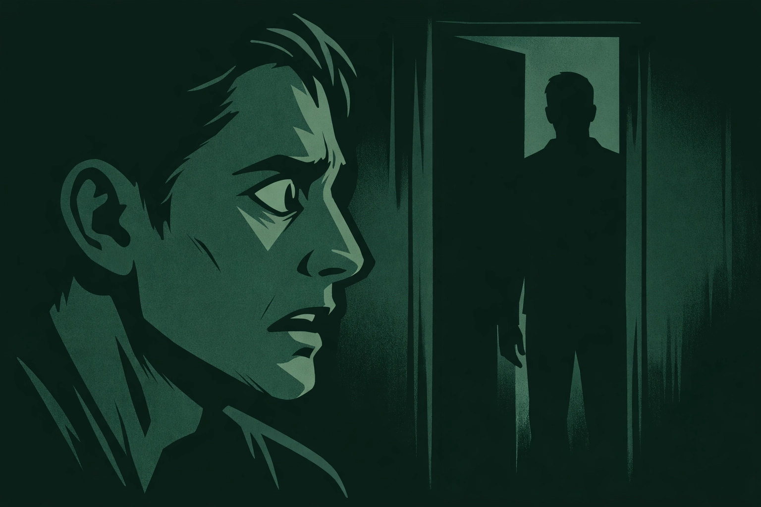 Fearful gay man watched by stalker from shadows - MM psychological horror illustration