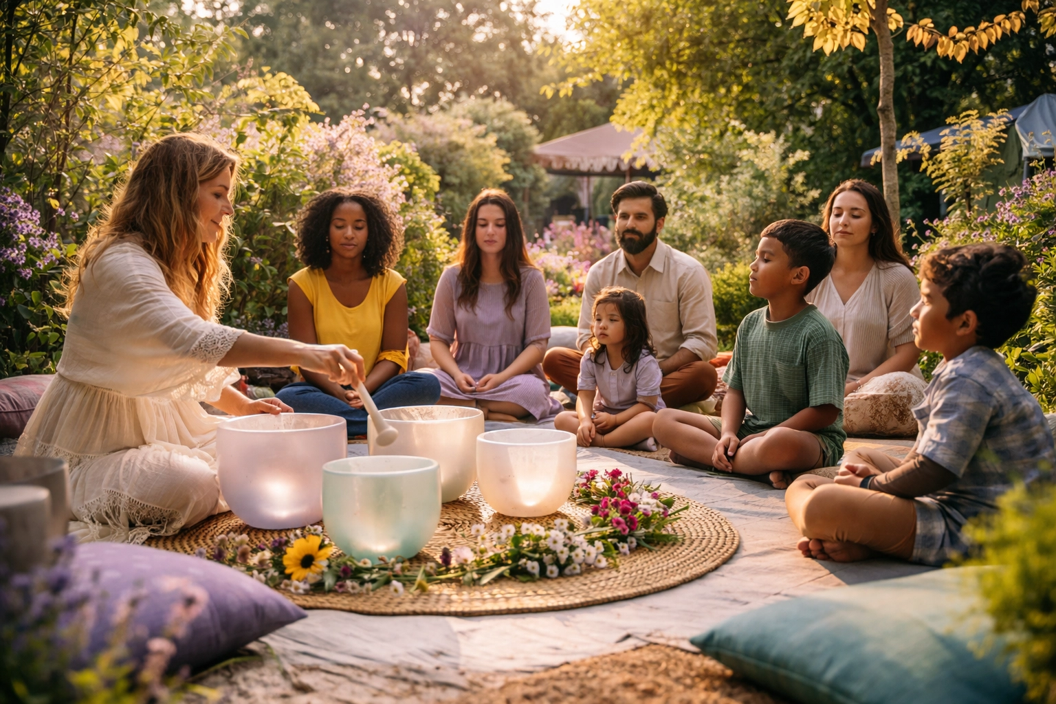 Families and youth participating in a peaceful outdoor sound healing session during the STEAM Festival for mental wellness.