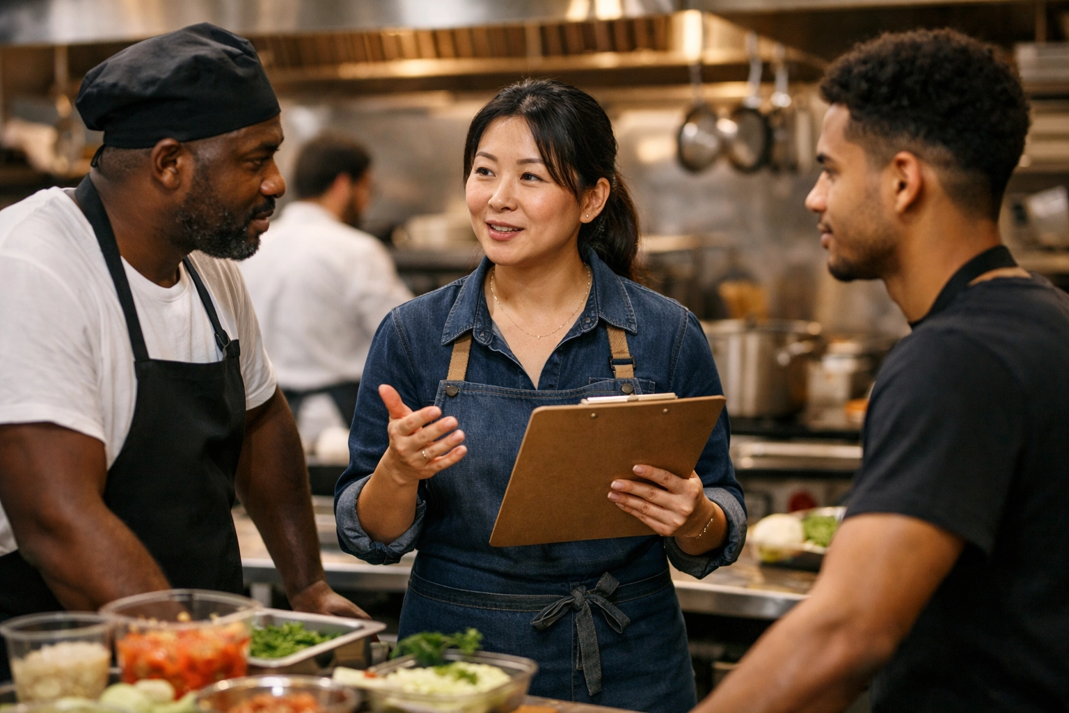 Restaurant manager leading a team huddle to discuss KPIs and operational turnaround strategies.