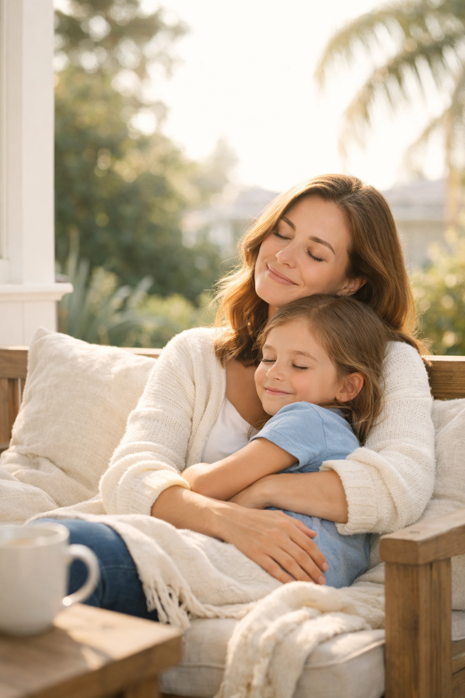 A California mother and daughter on a porch, symbolizing family protection with term life insurance.