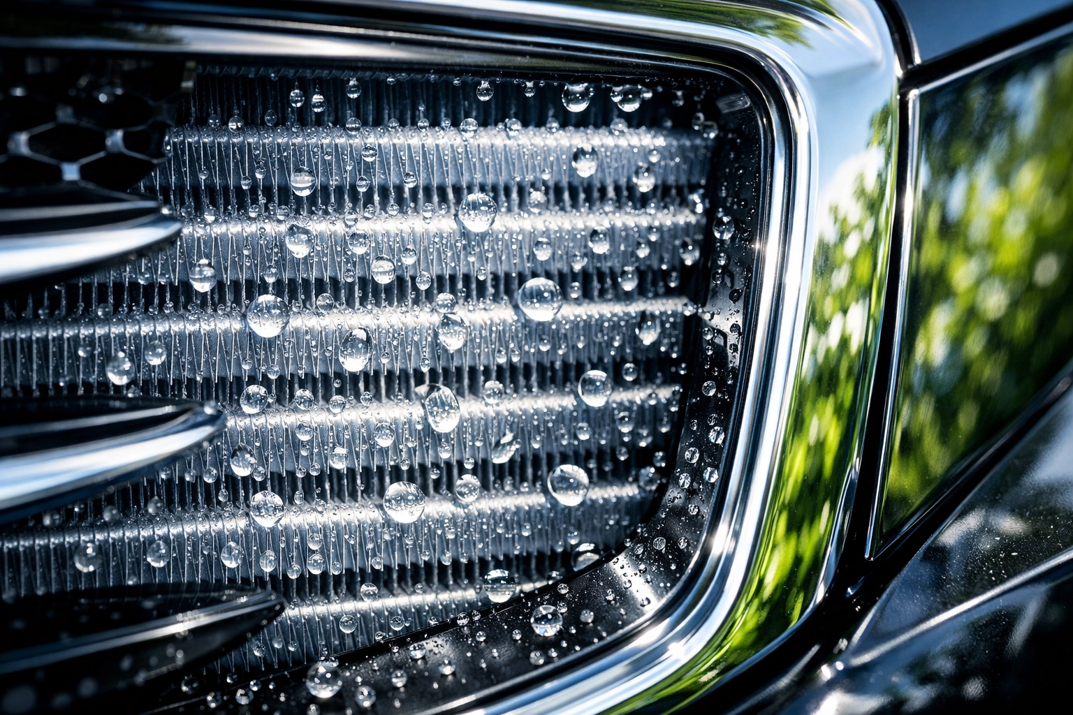 Close-up of a clean car AC condenser shimmering with water droplets after professional maintenance.