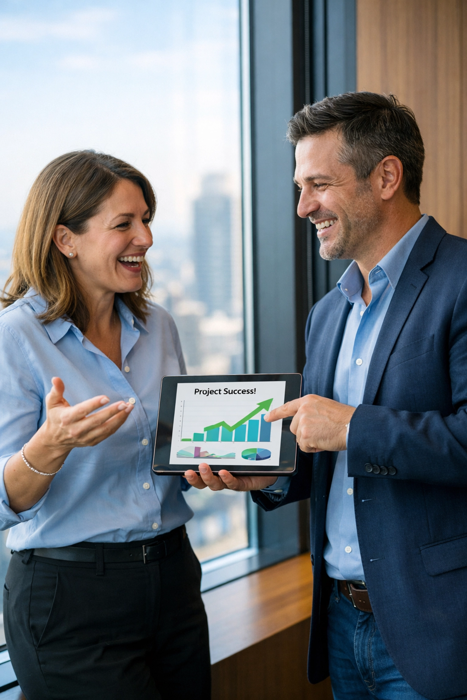Business partners discussing a successful ServiceNow ITOM project outcome in a modern skyscraper office.