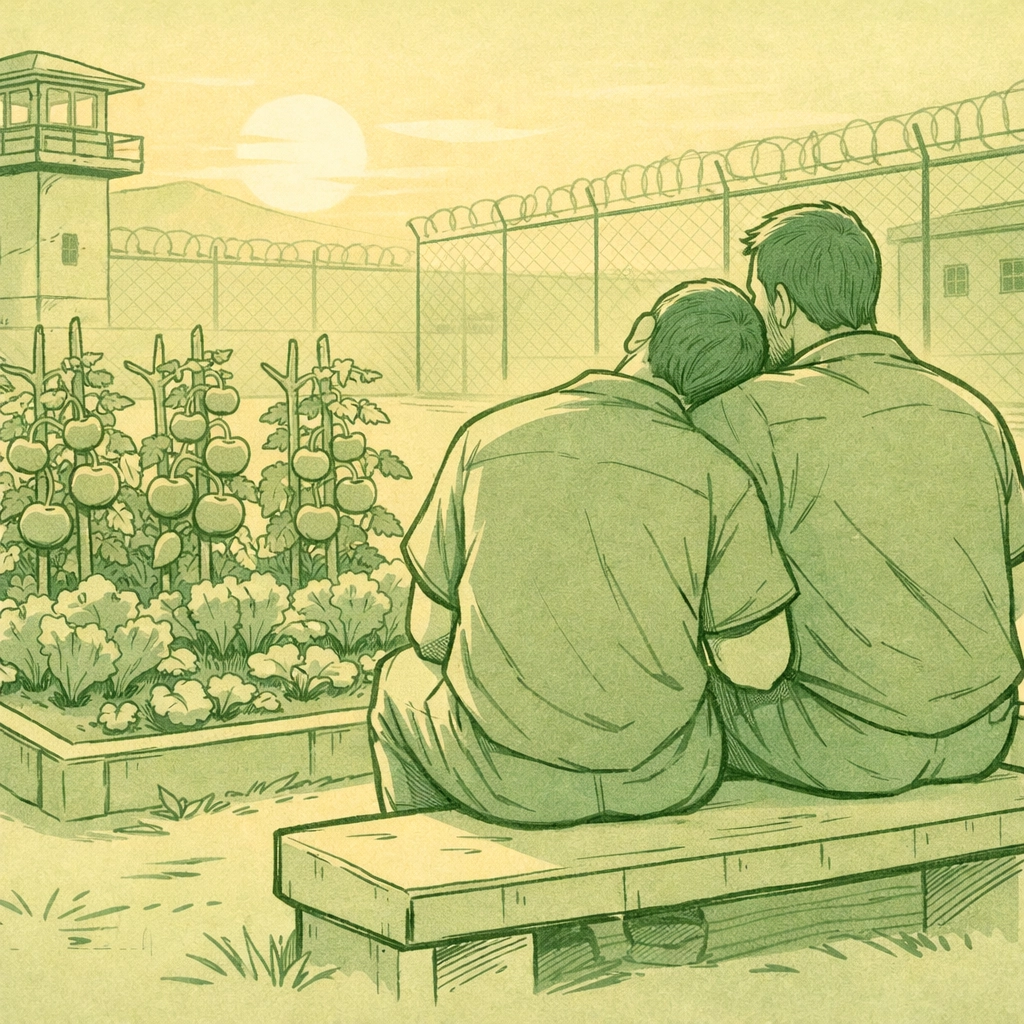 Gay couple sitting by thriving prison garden at sunset - MM contemporary romance