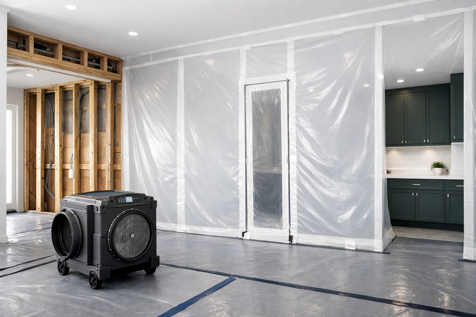 Professional interior demolition site in Chester County with HEPA air filtration and dust containment.