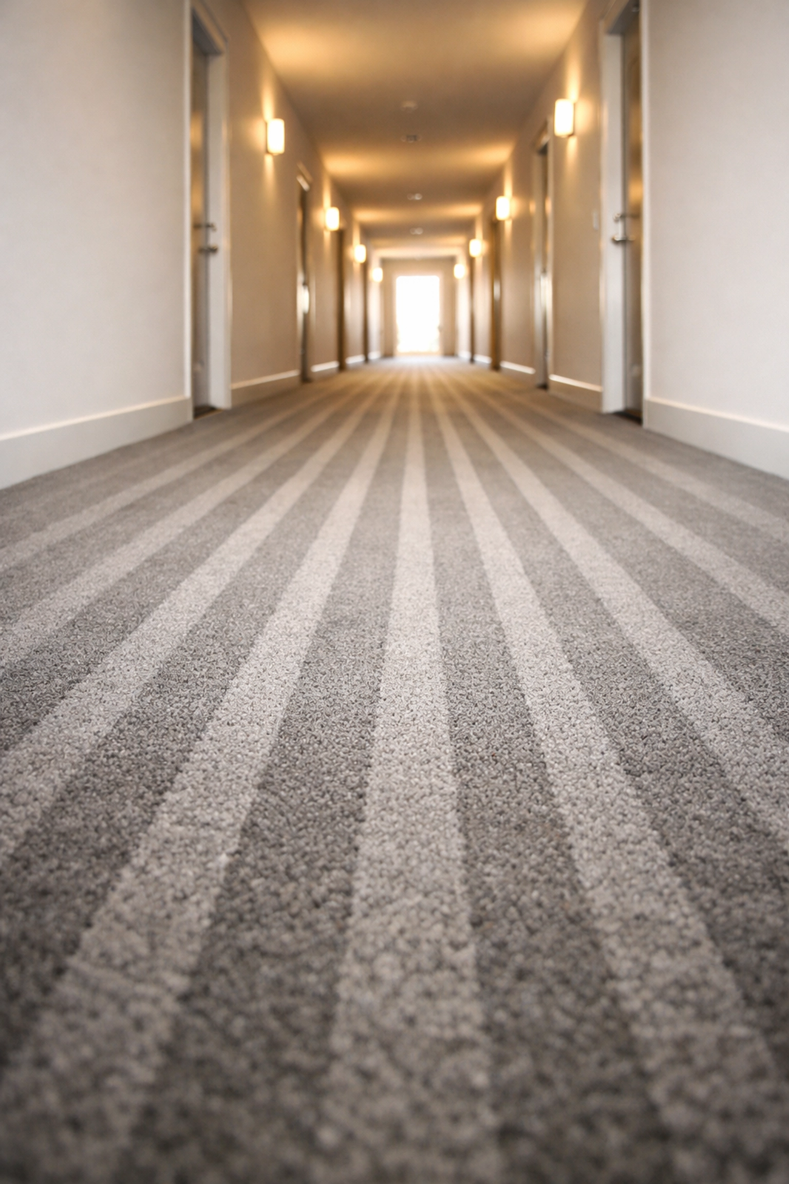 Professional steam-cleaned carpet lines in a modern multifamily property hallway.