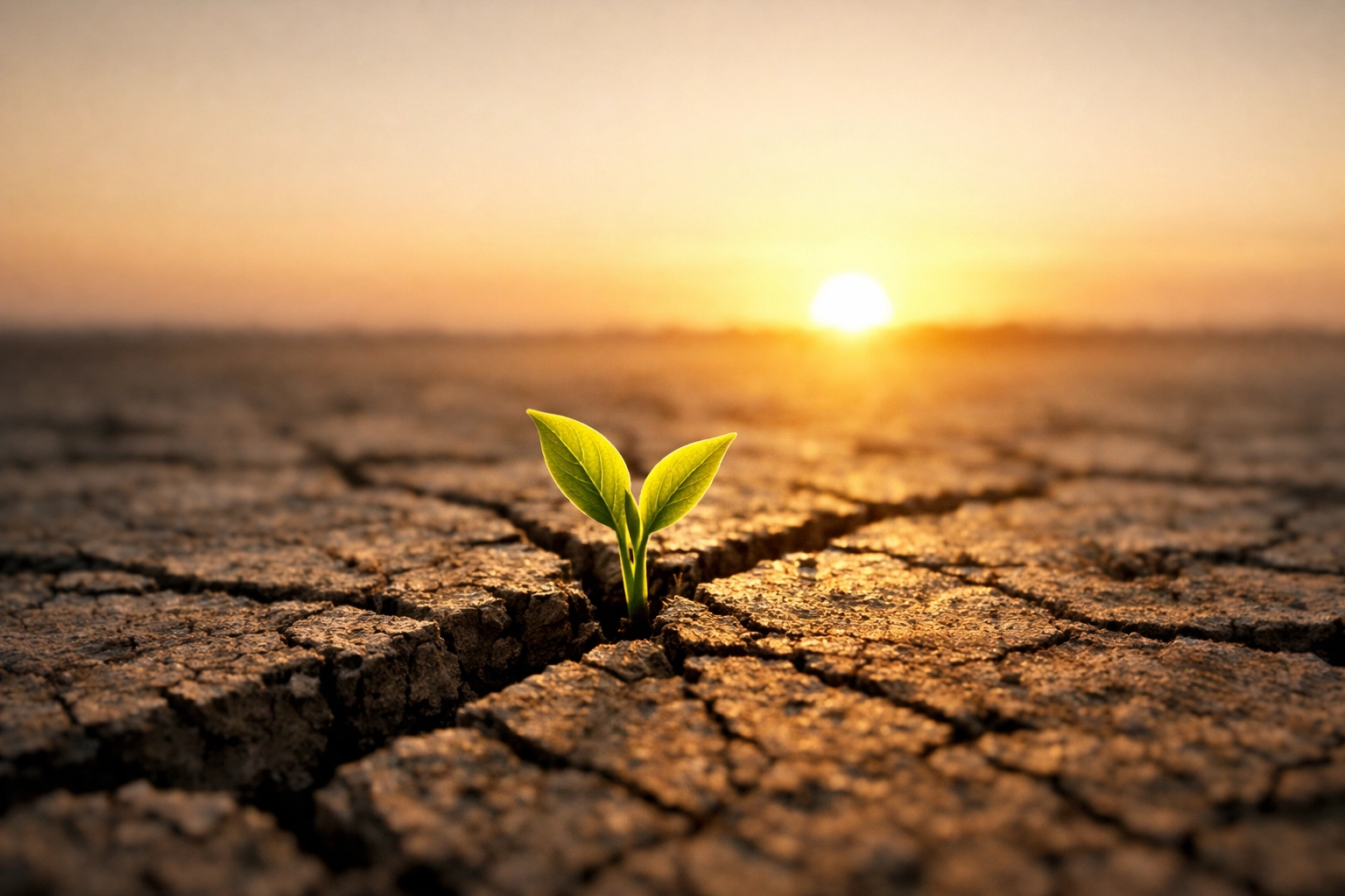 A green sprout breaking through parched ground at sunrise, illustrating spiritual renewal and regional healing.