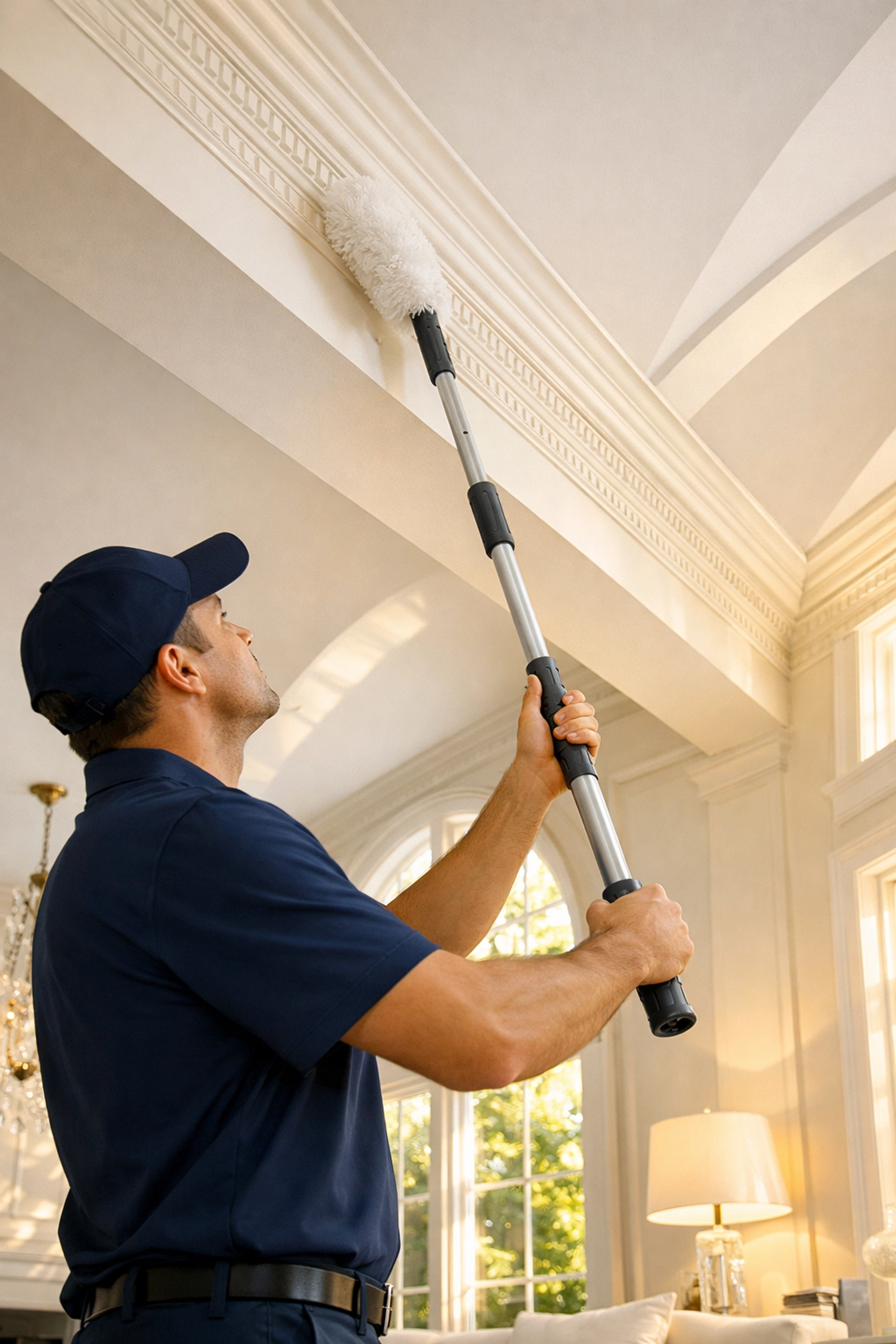 Professional cleaners Newton MA performing a deep cleaning by dusting high crown molding in a luxury home.