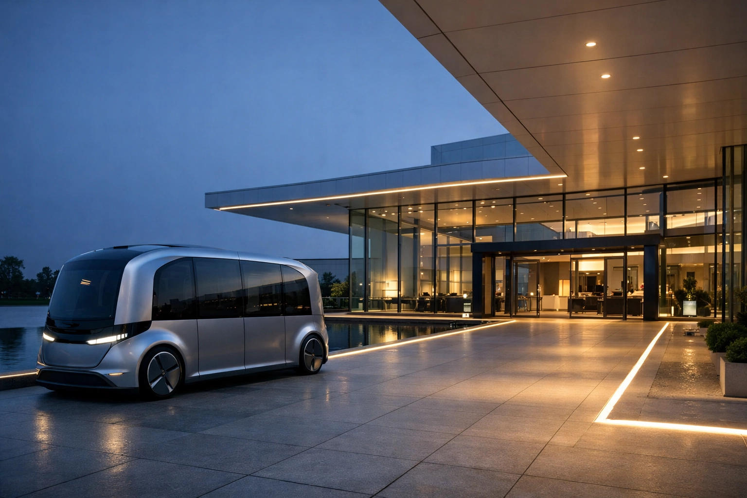 Autonomous shuttle outside a high-tech hotel entrance representing 2026 travel tech trends.