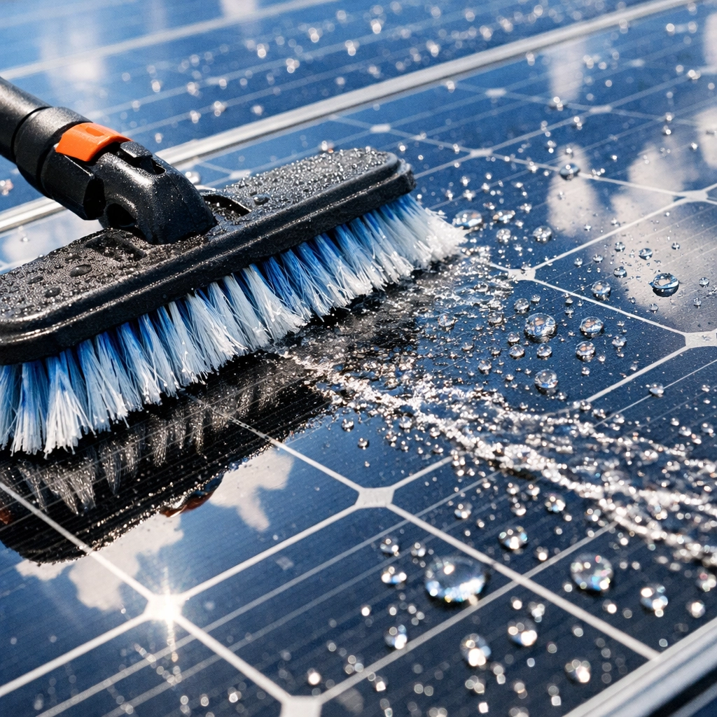 Close-up of professional solar panel maintenance to improve energy efficiency for Dorset homeowners.