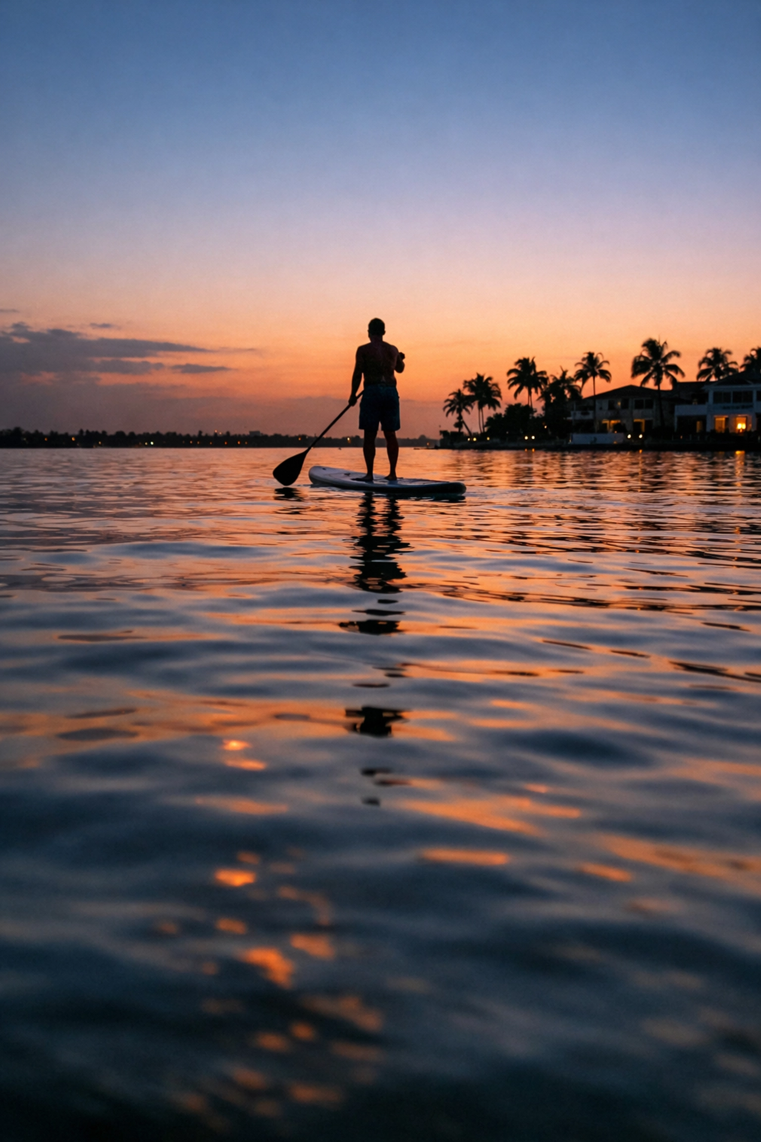 Sunset stand-up paddleboarding in Miami, providing a perfect creative vantage point for photography.
