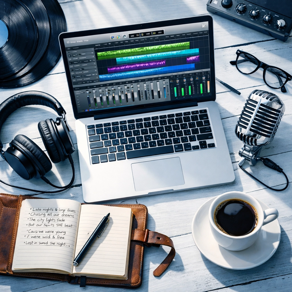 Music production workspace with laptop, headphones, and songwriting notebook