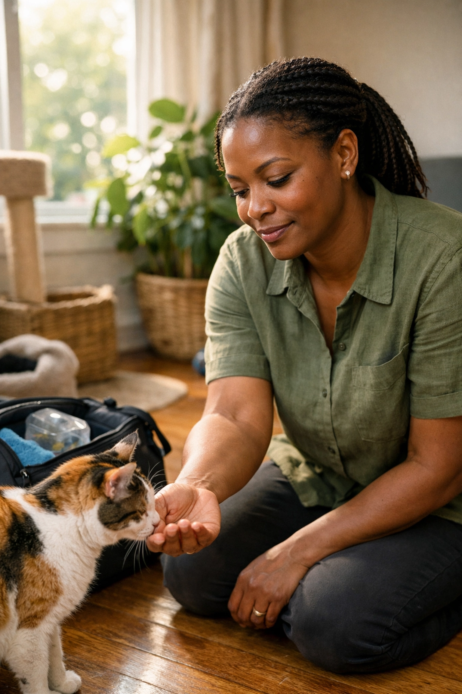 Professional cat sitter in Oakland providing expert, insured care for a shy cat at home.