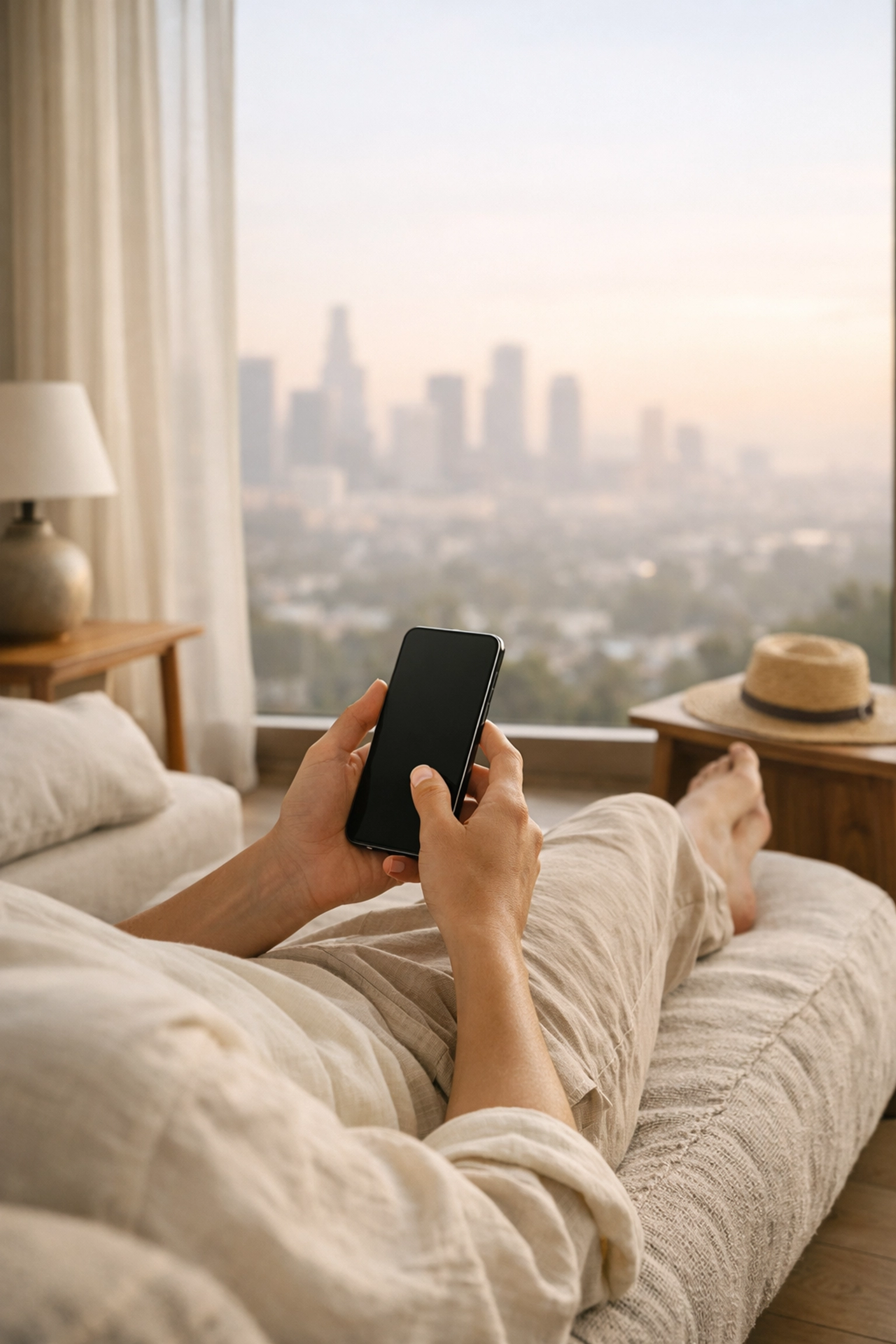 Traveler booking a stay on a mobile device in a minimalist hotel suite, highlighting digital guest experiences.