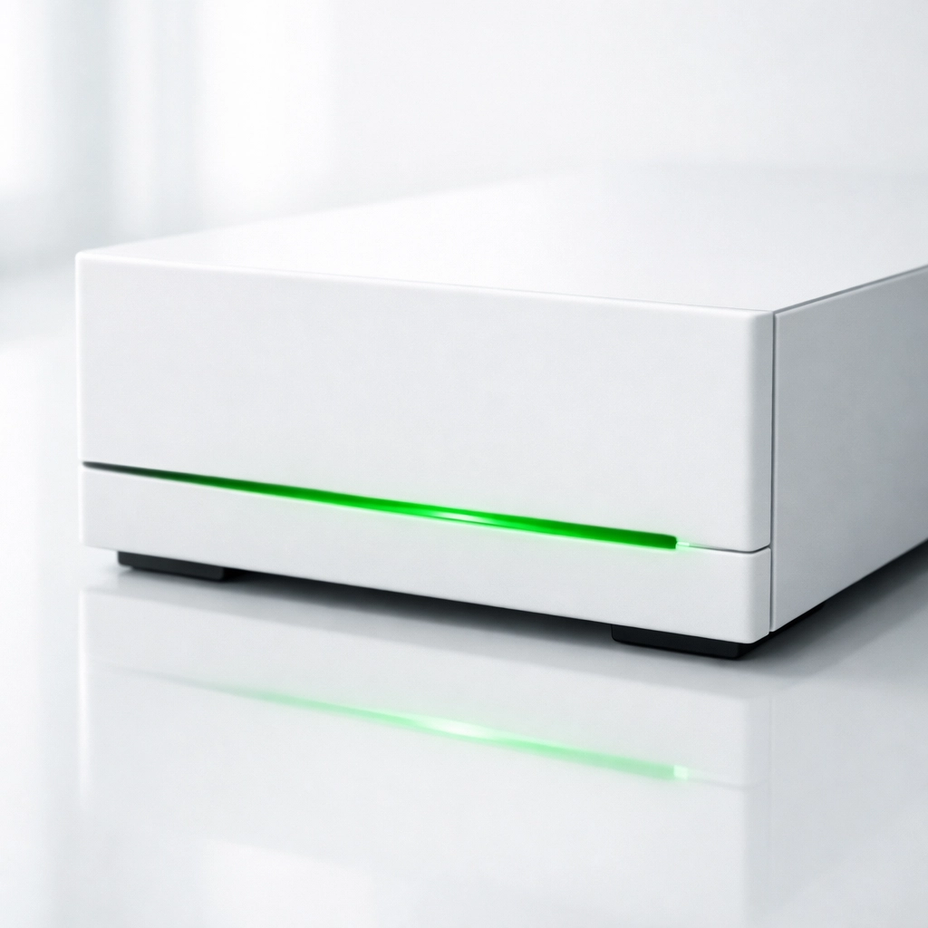 Secure website server with a green light symbolizing managed maintenance and digital safety for small businesses.