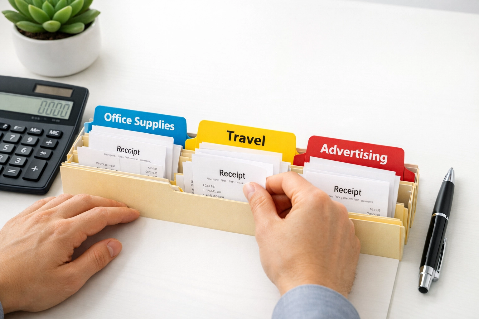 Hands categorizing expense receipts into folders for proper tax deduction documentation Hands categorizing expense receipts into folders for proper tax deduction documentation