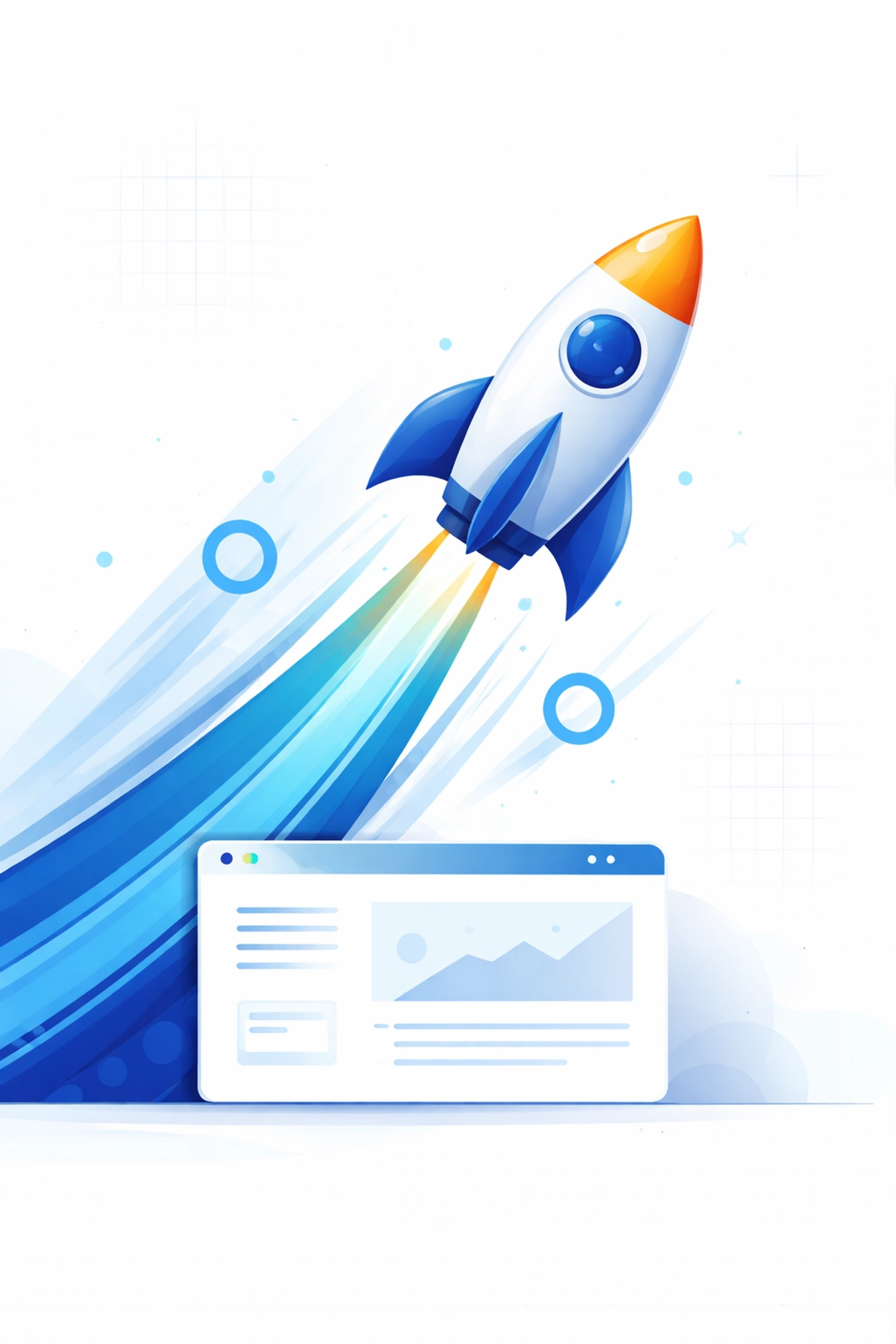Fast website speed illustrated by rocket launching from browser representing page performance