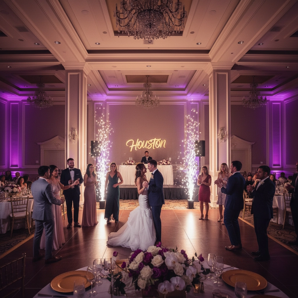 Coldspark machines in action for a wedding from your wedding DJ in Houston, Texas.