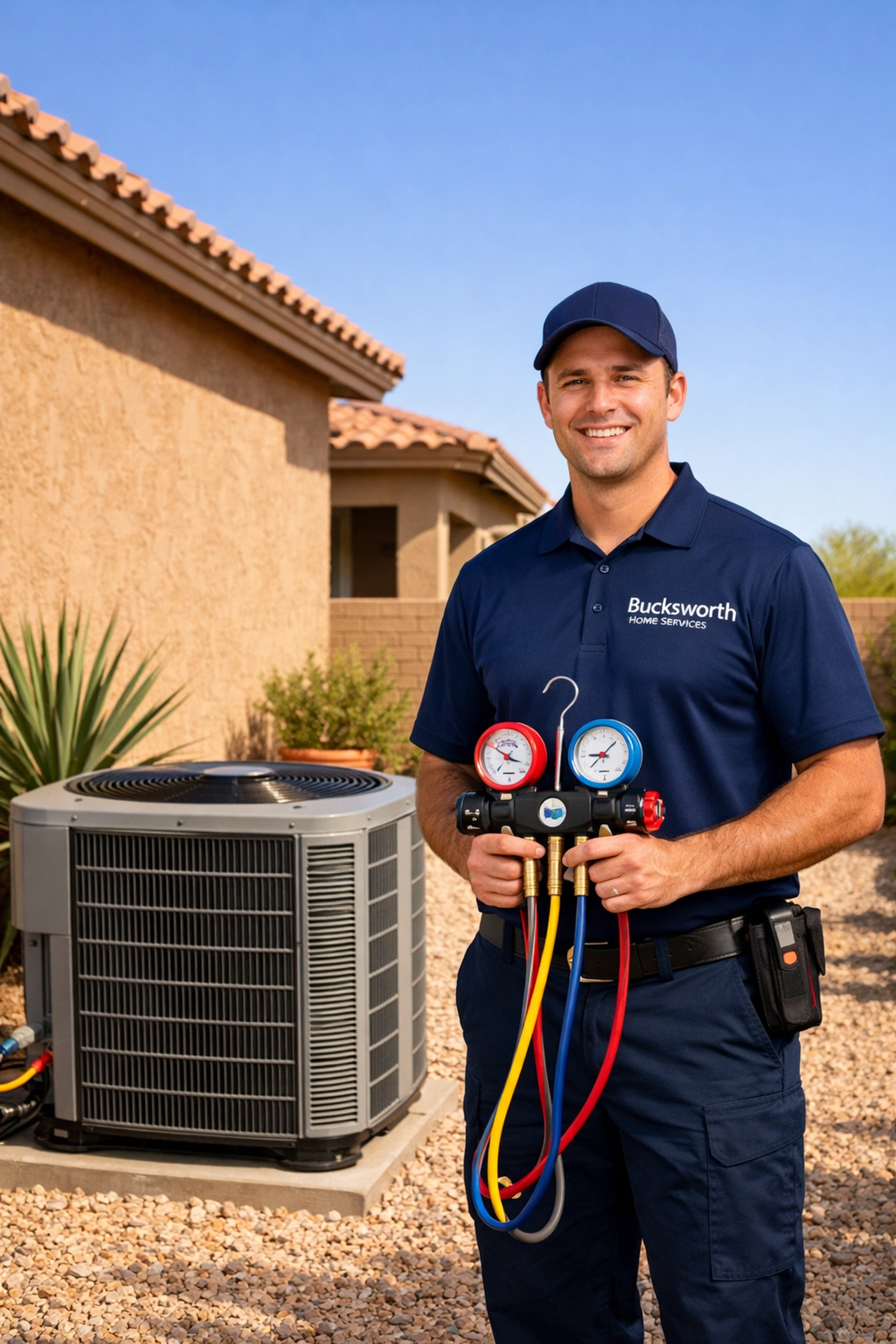 Bucksworth technician performing a Gilbert AC tune-up on a residential air conditioning unit.